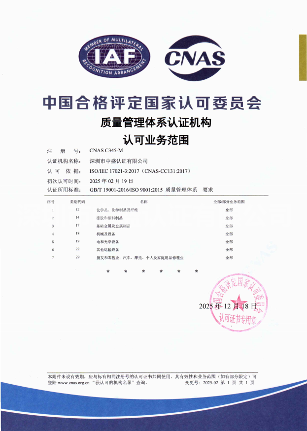 質量CNAS批準書