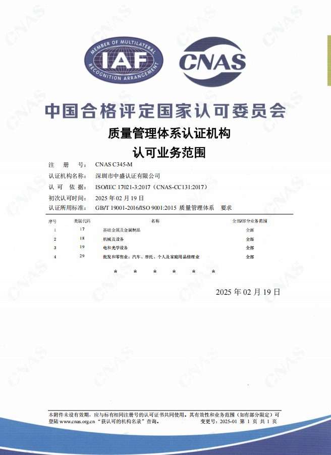質量CNAS批準書