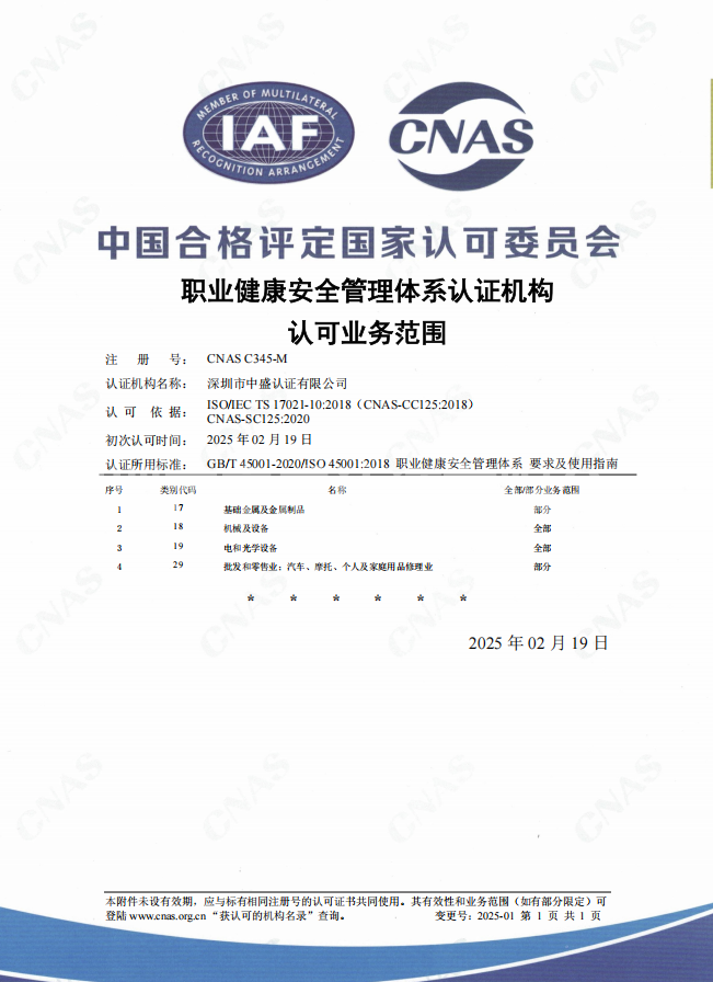 職業健康安全CNAS批準書